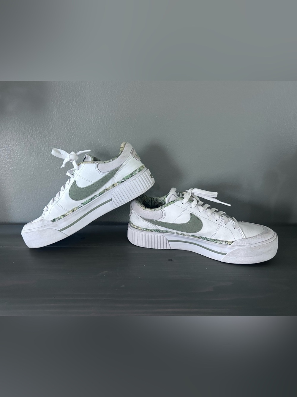 Nike Women's White Sneakers with Sage Green Swoosh
